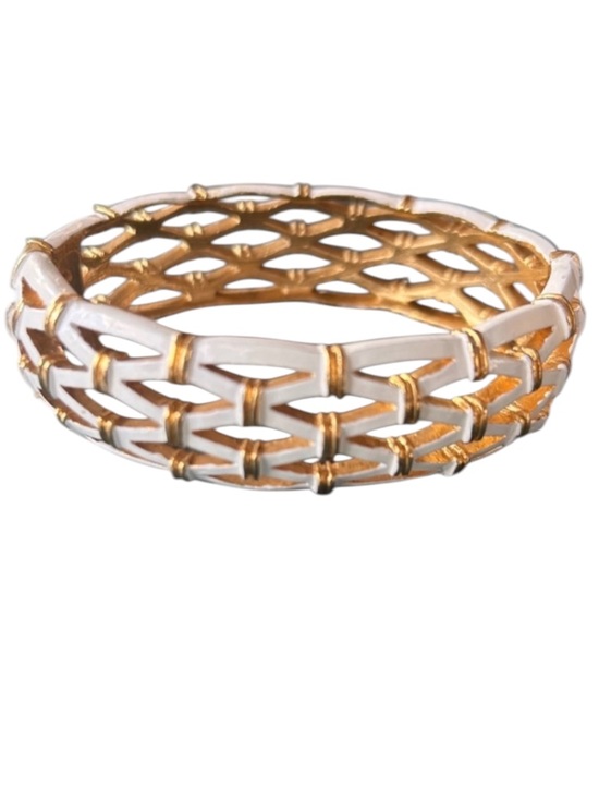 Crown Trifari Jewelry - Gold-tone & White Enamel Woven Openwork Hinged Bangle Bracelet